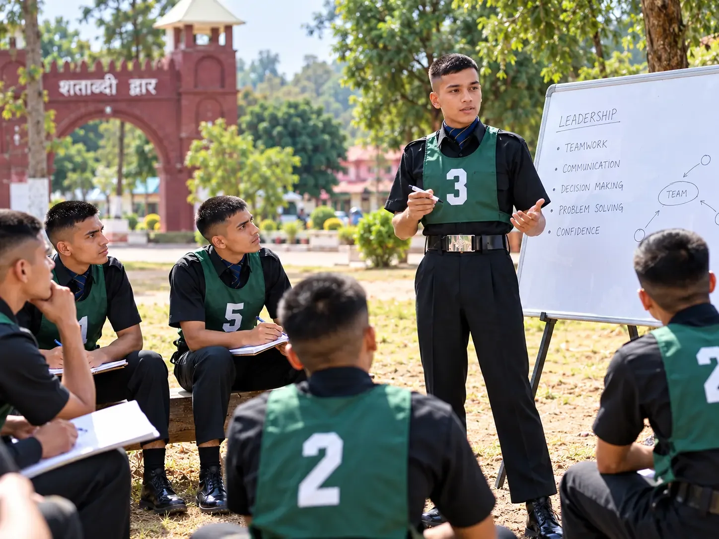 Leadership and teamwork session in the open, with a student explaining on the whiteboard
