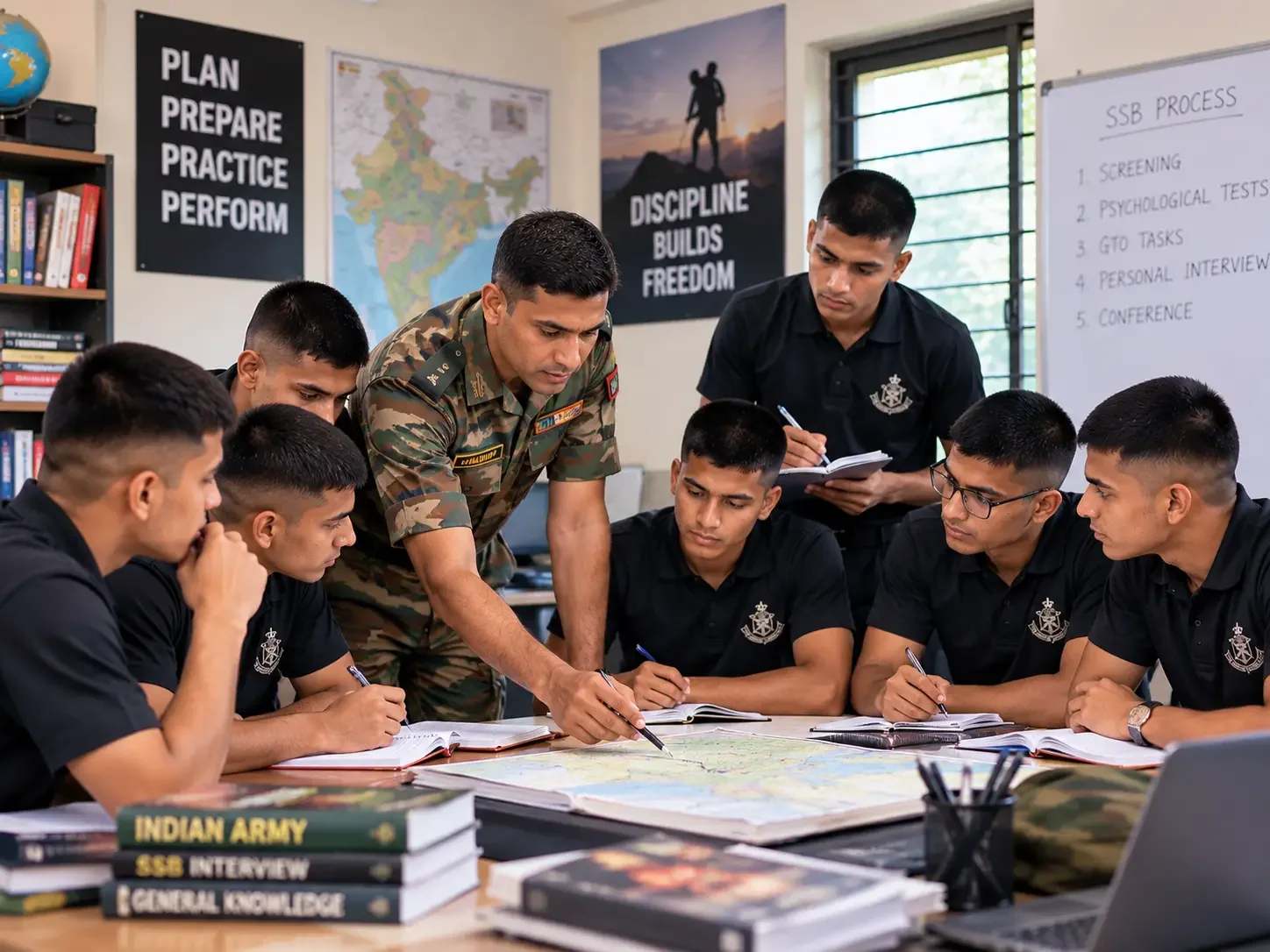 Mentor guiding students over a map during a study session