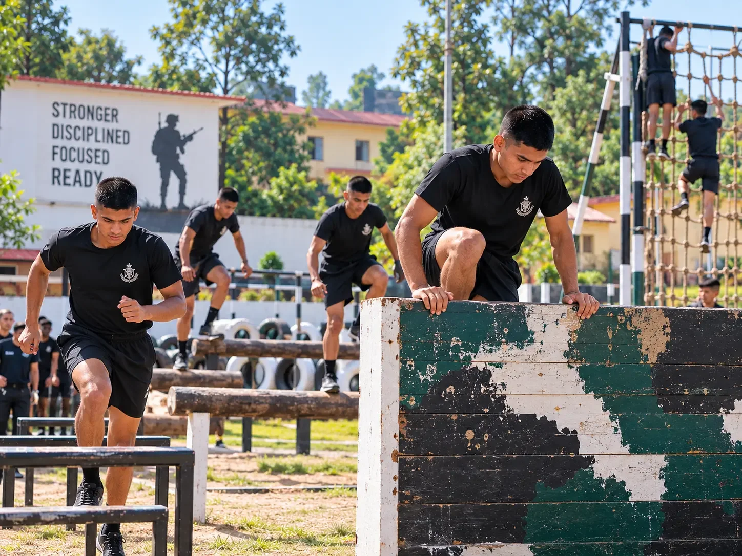 Obstacle course training with logs, walls and climbing nets